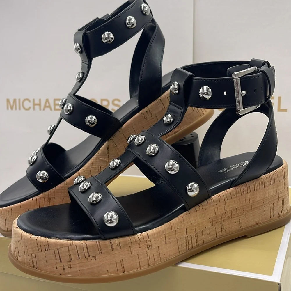 MICHAEL KORS Selah Studded Platform Gladiator Silver Studded Sandal Black  New